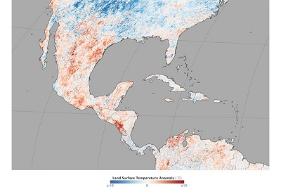 La zona en rojo señala la región del Pacífico de Nicaragua como la más caliente del continente.