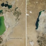 A la izquierda, como lucía el mar de Aral en el año 2000. A la derecha, como se observa en 2014.
