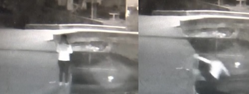 En la primera escena aparece la infortunada mujer concentrada en su celular. En la segunda cae al río, donde se ahogó.